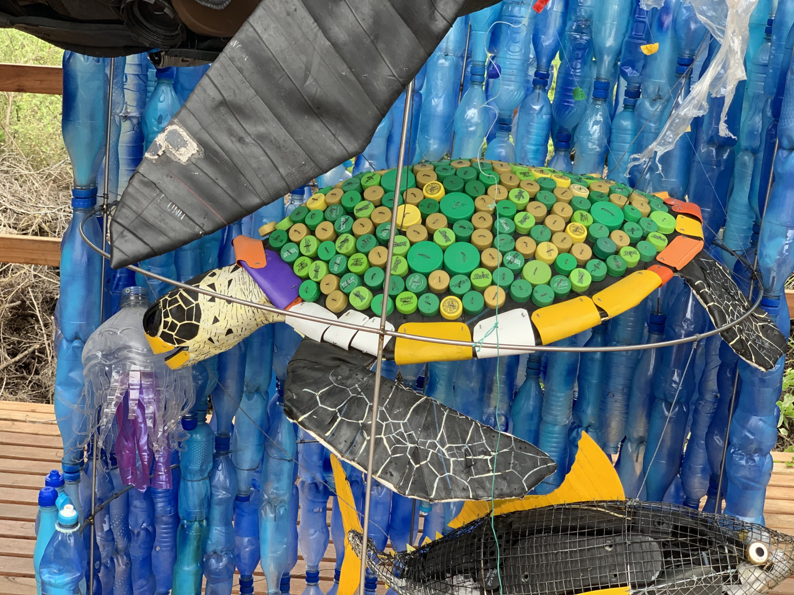 sea turtle art made from plastic
