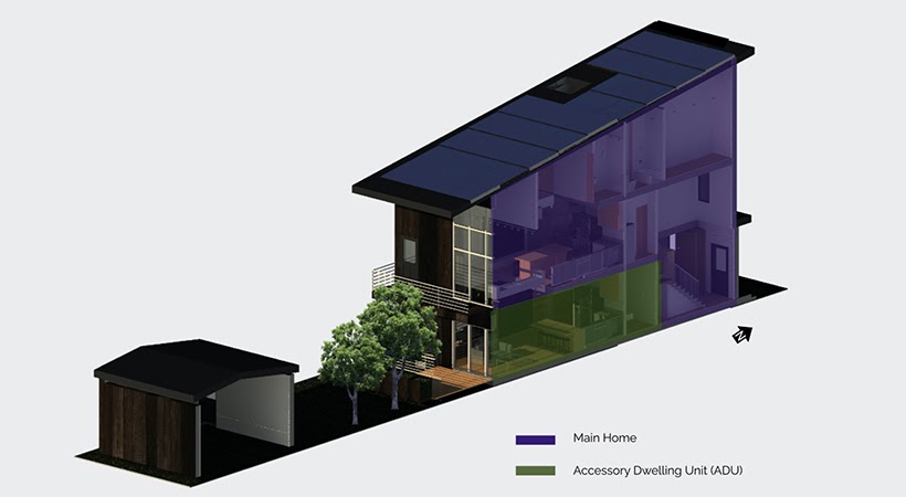 Digital rendering of the three-level EngiNUity home with a balcony and a small outbuilding