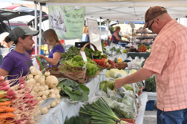 A man in a plaid shirt looks down to examine produce at a farmers market with a assortment of vegetables as a woman in a baseball cap looks at him from behind the display.