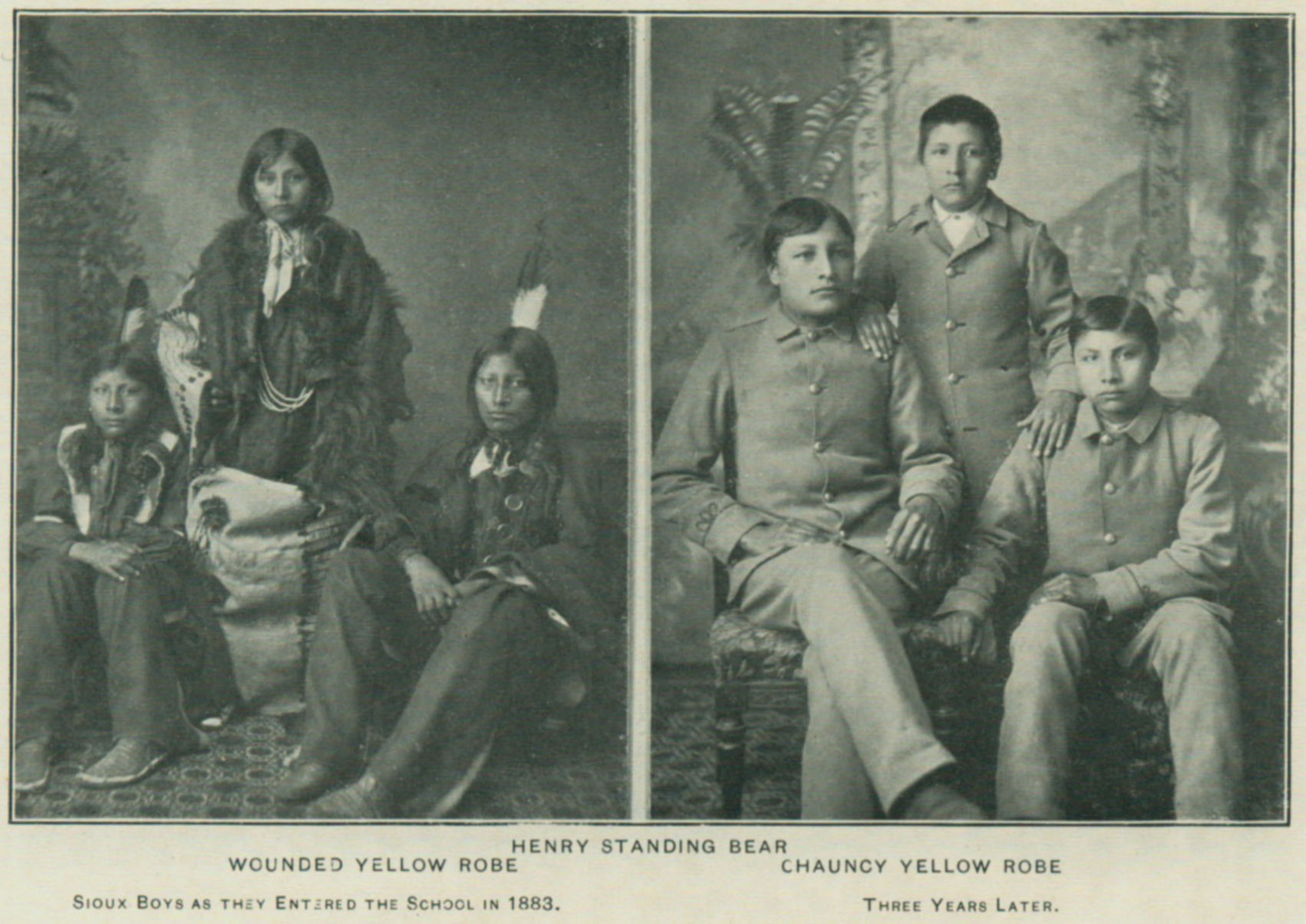 On left, three long-haired Sioux boys pose for the camera in their tribal attire. On right, the same three boys, now three years older with short hair, pose for the camera dressed in trousers and suit jackets.