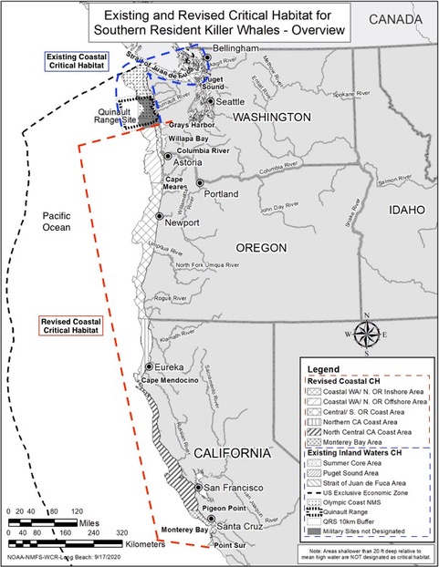 A map shows the the new critical habitat for Southern resident orca from Point Sur California to Gray's Harbor Washington. 