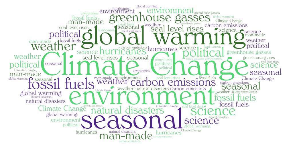 A collage of words and phrases used in relation to climate change, including "global warming," "environment," and "fossil fuels."