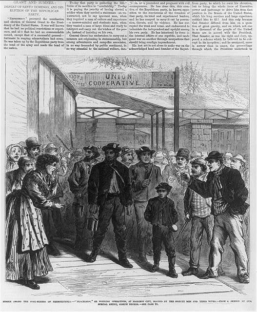A black-and-white illustration of men and women in 1870s dress, before a sign that reads "Union Cooperative." Above the illustration is text from the related newspaper article.