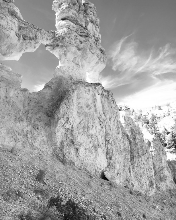 A black and white image of rock formations in Bryce Canyon, Utah. 