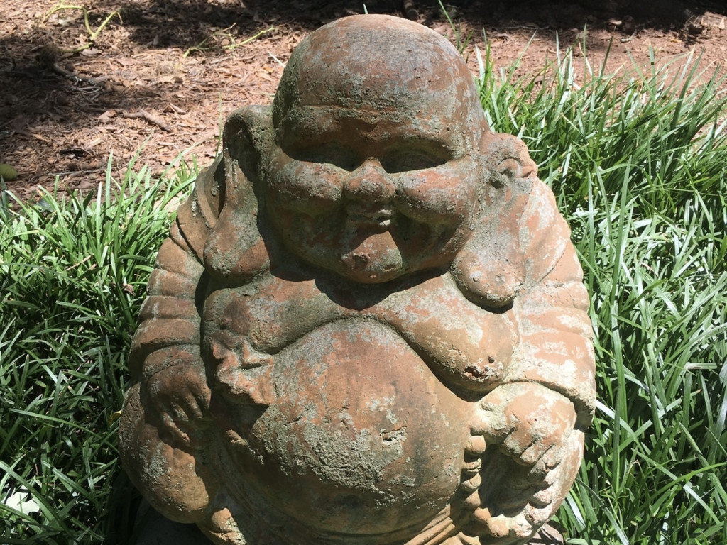 A small Buddha statue sits in the garden.