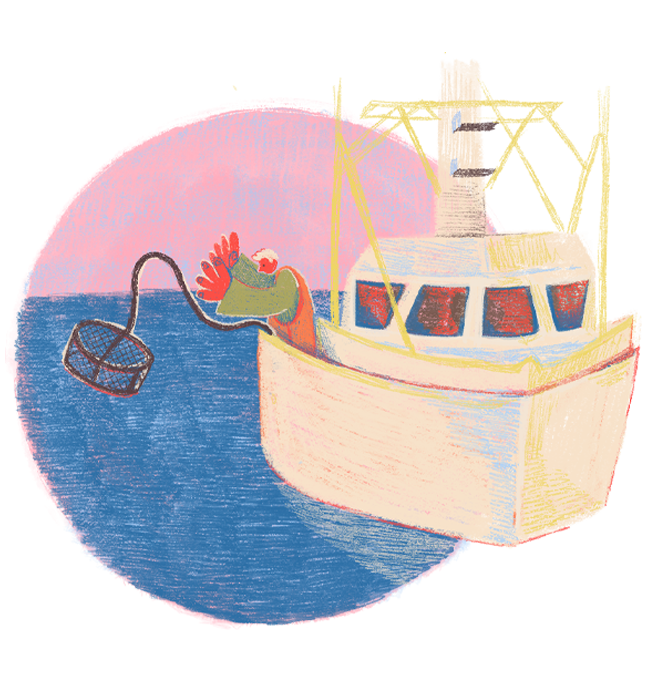 An illustration showing a crab fisherman chuck a "crab pot" off the side of his boat. 