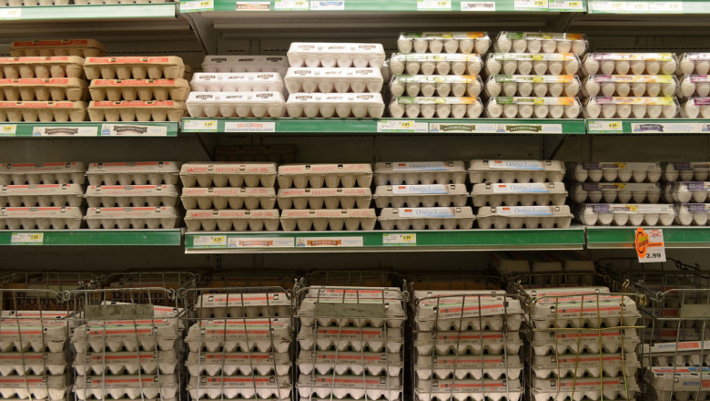 Rows of egg cartons fill a grocery store's shelves. 