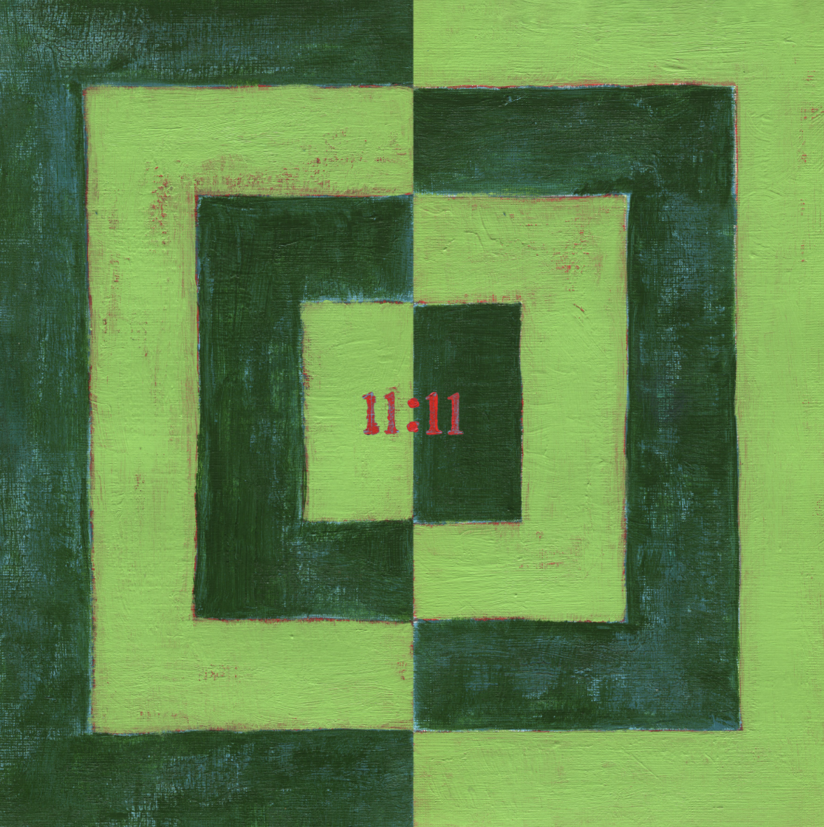 11." Dark and light green geometric shapes mirror one another.