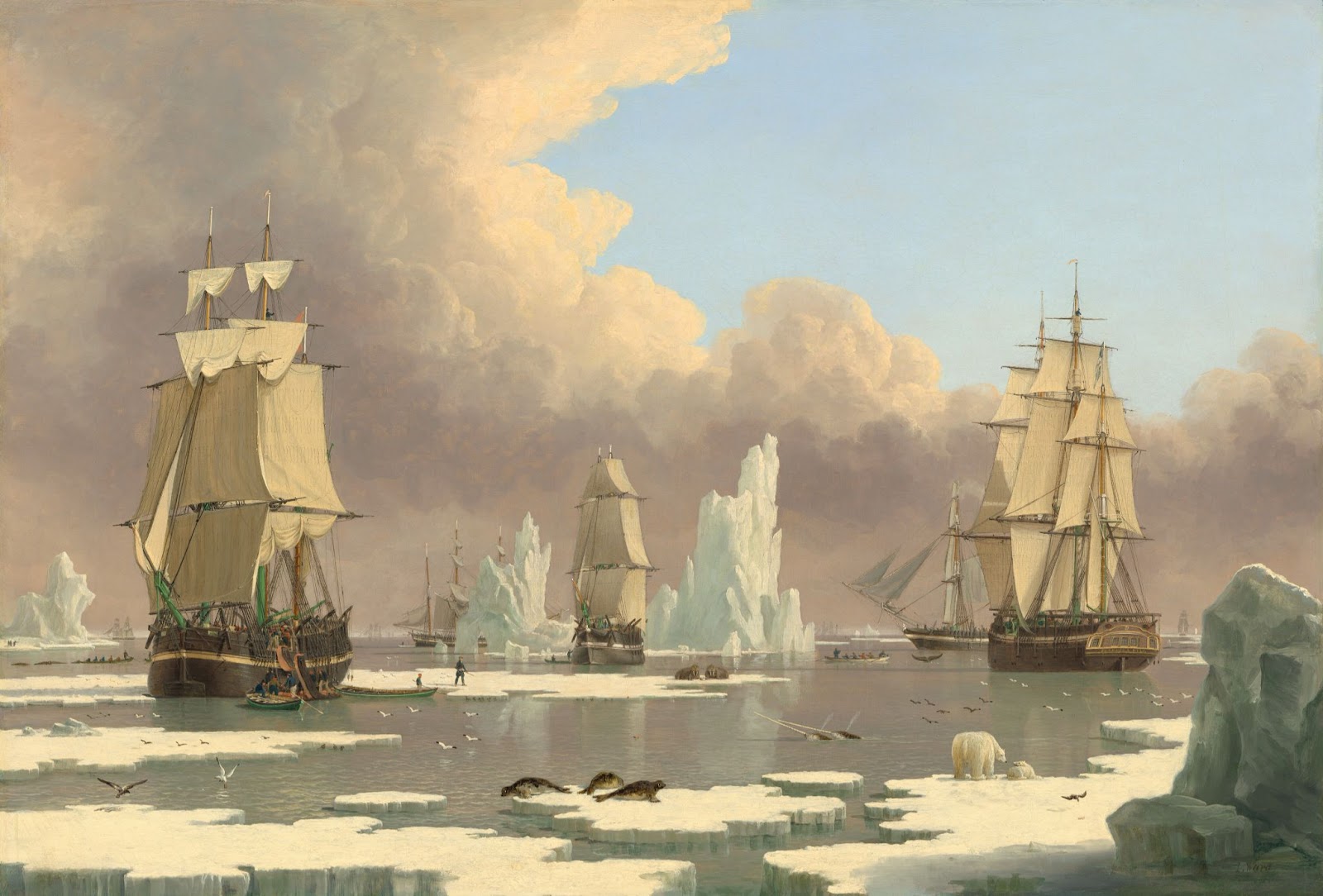 Oil painting of whale ships in a icy region surrounded by marine life.