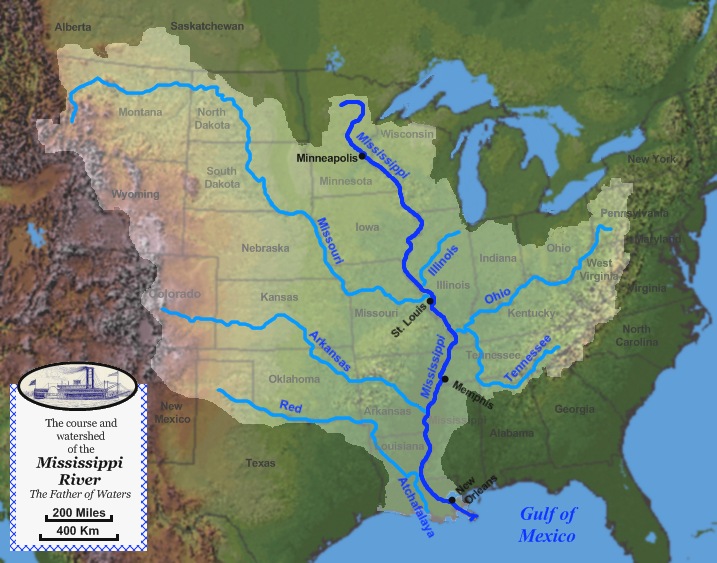 A map of the United States showing the course of the Mississippi River and its various tributaries leading into the Gulf of Mexico.