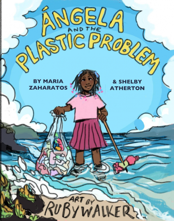 Cover of FARO's original children's book. An illustrated young person wearing pink clothes stands in shallow ocean water while picking up litter.Books like this can help inspire action.