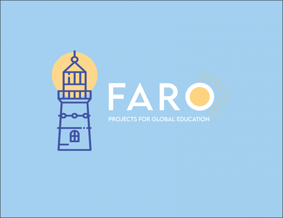 A blue logo graphic with an image of a lighthouse and the word, "FARO."
