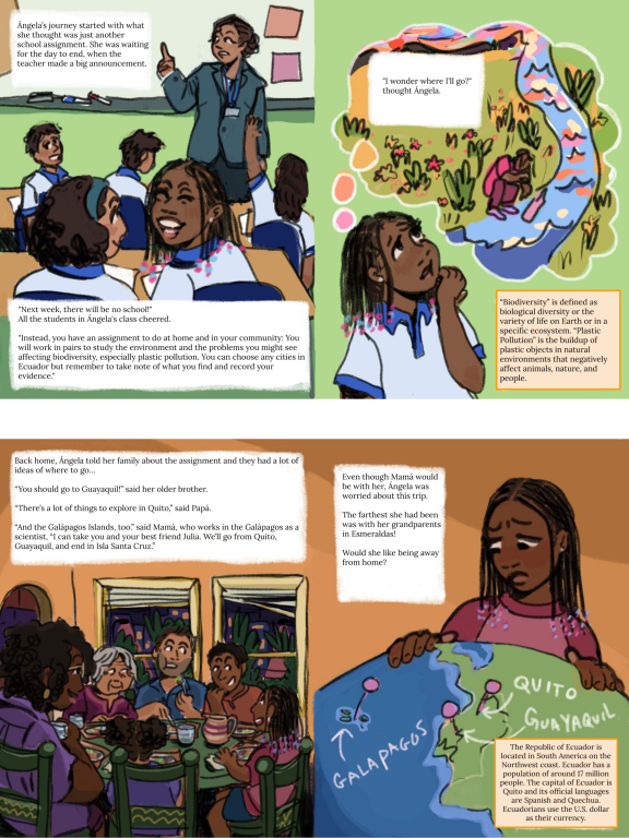 Two panels from the children's book. In one, an illustrated classroom with a teacher and students. The main character day dreams about biodiversity in the environment. In the other, a family sits at a dinner table while the main character day dreams about the Galapagos Islands.