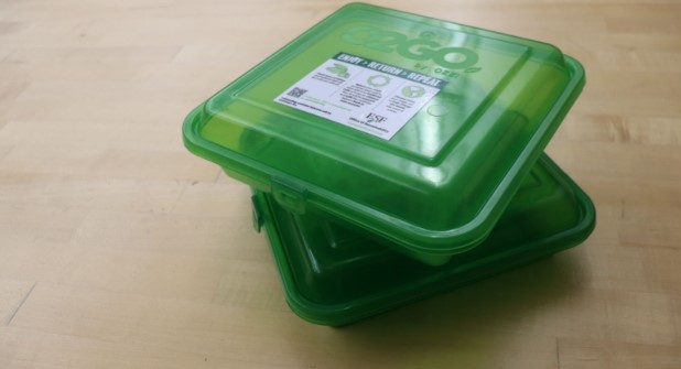 Two of the reusable to-go containers used at the ESF Campus Cafe.
