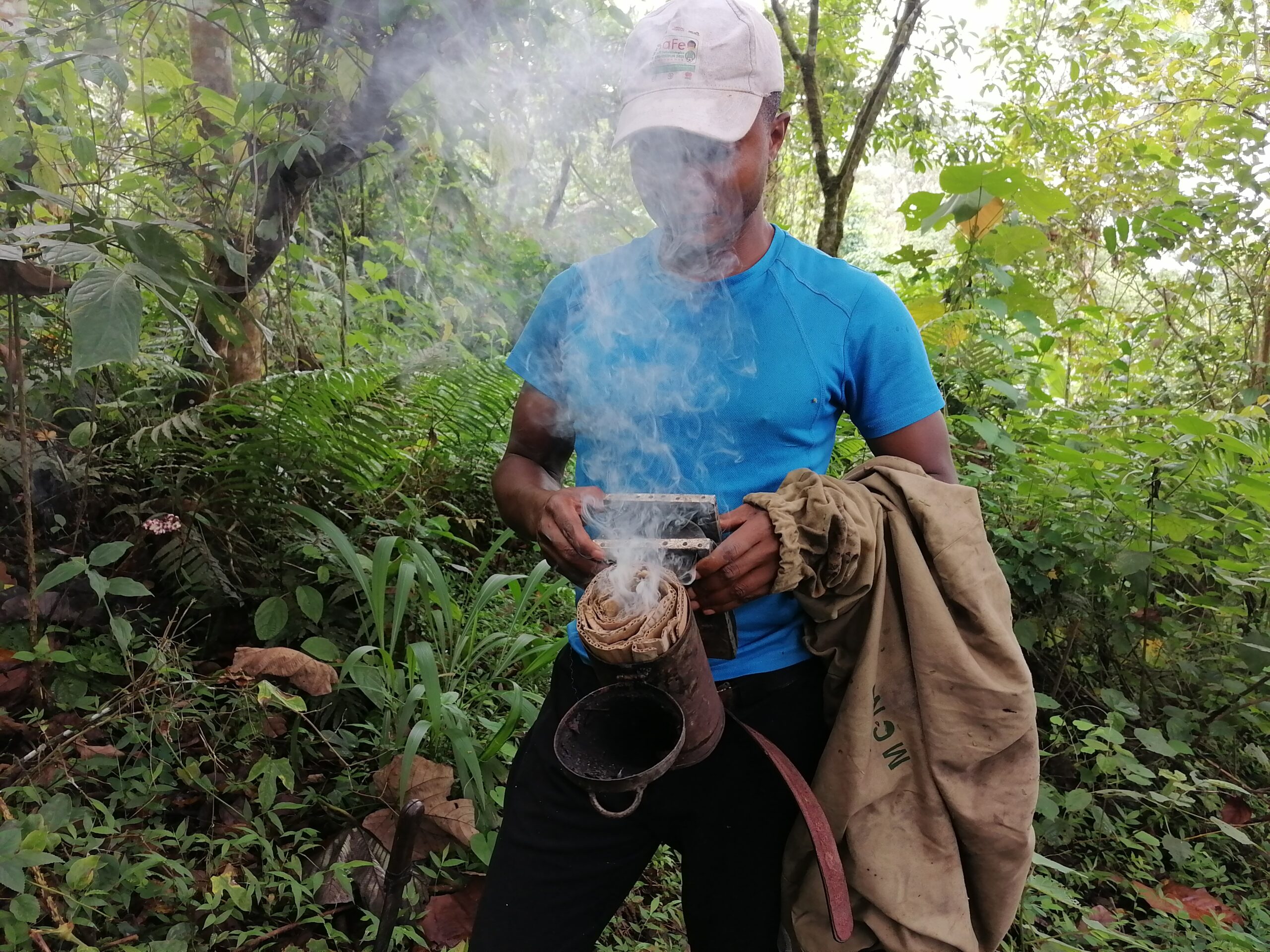 Evambe Thompson, an apiculturist in Cameroon, presses on a smoker to calm his bees. 