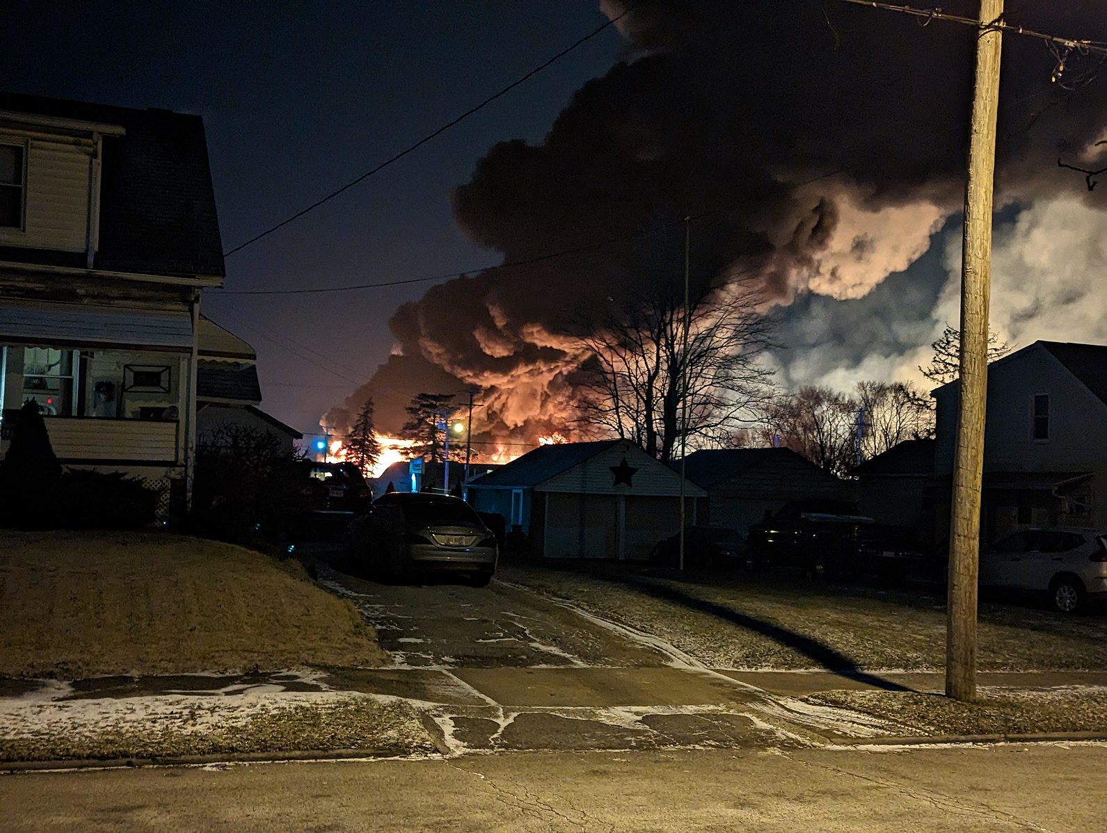 Smoke from the February, 2023 Norfolk Southern train crash in East Palestine, Ohio.