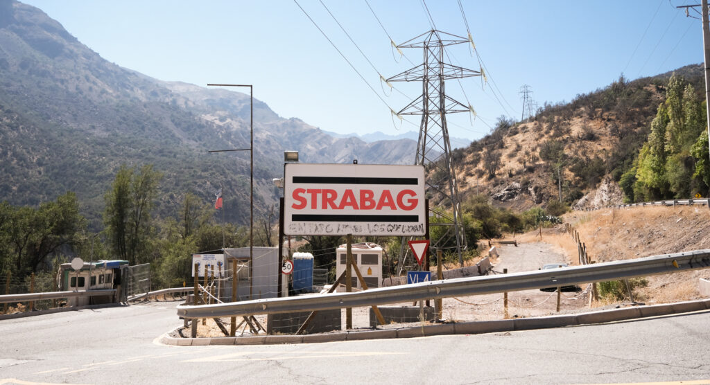 The entrance to a Strabag facility, a European construction company contracted for construction of the Alto Maipo project, sits along the road to El Alfalfal.
