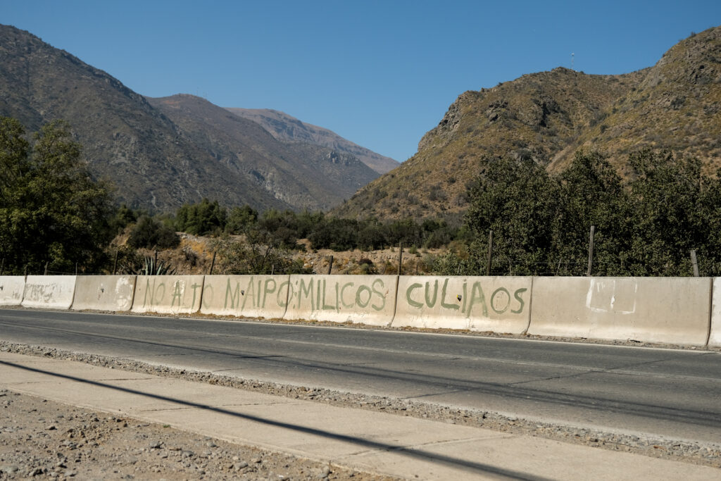 The highway between Santiago city and the Cajon del Maipo remains marked by old graffiti from former No Alto Maipo protests.
