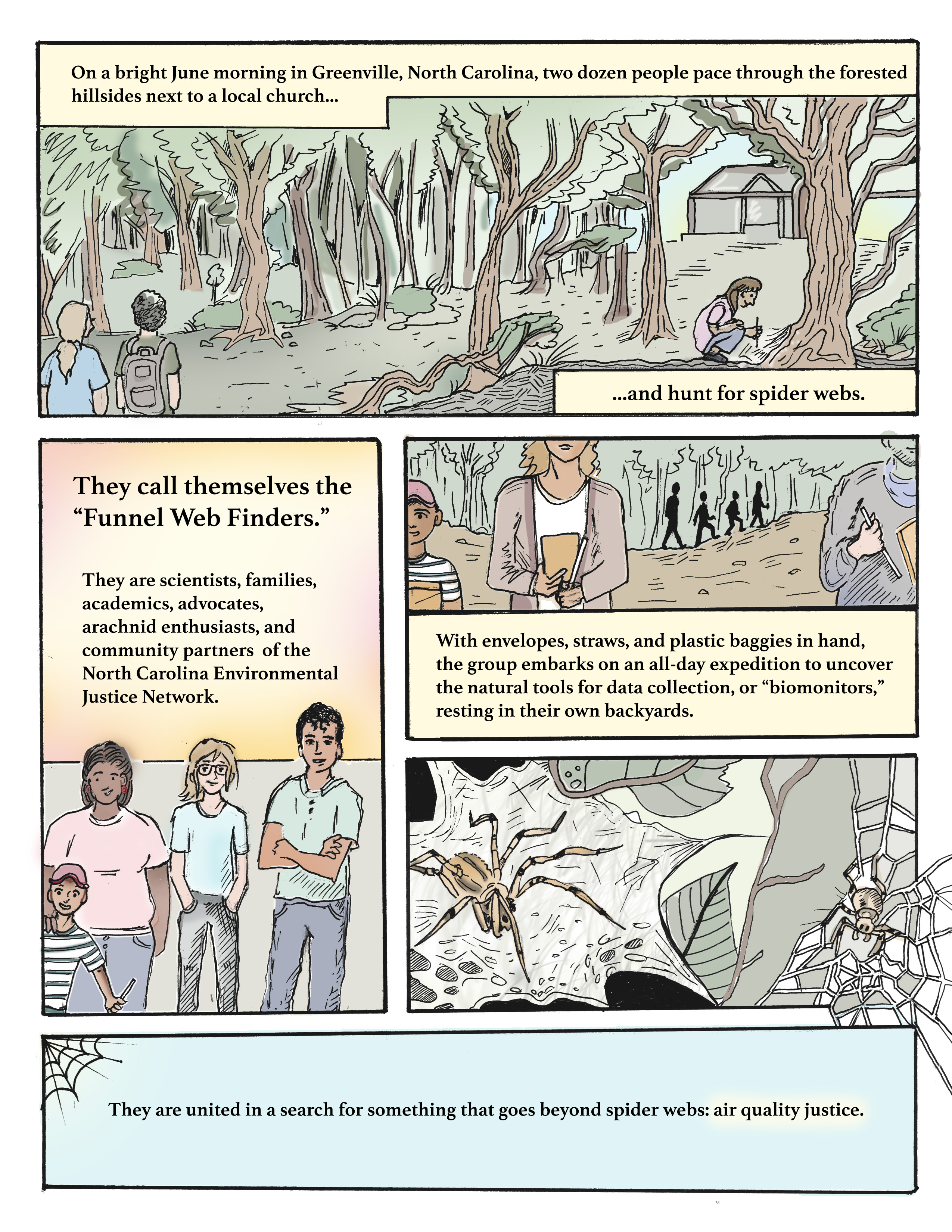 A comic panel describing the "Spidey Sens-r" project in which volunteers can collect spider webs to test for air pollutants. 