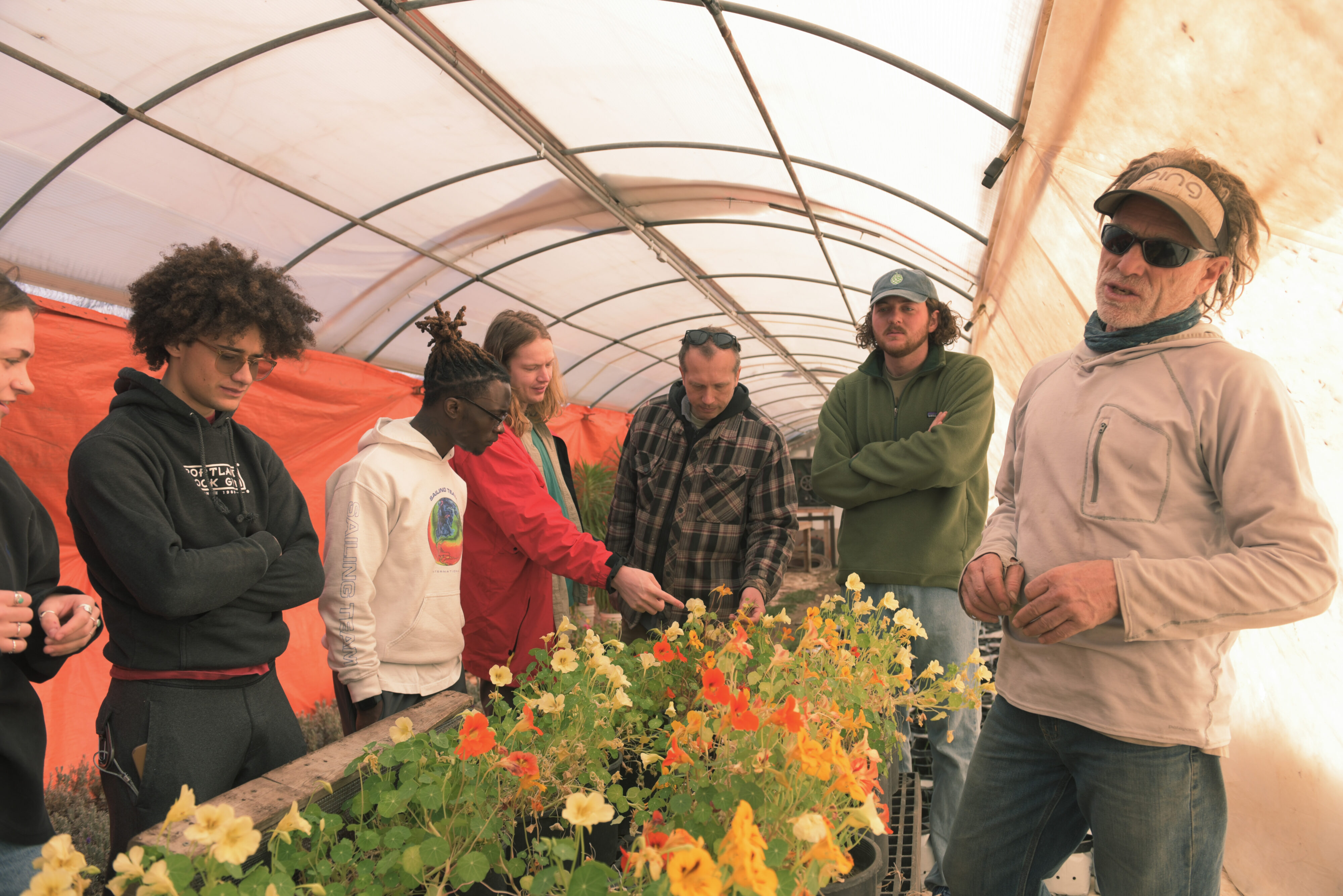 MASA founder Rich Pecoraro stands around some flowering plants with students inside a greenhouse.