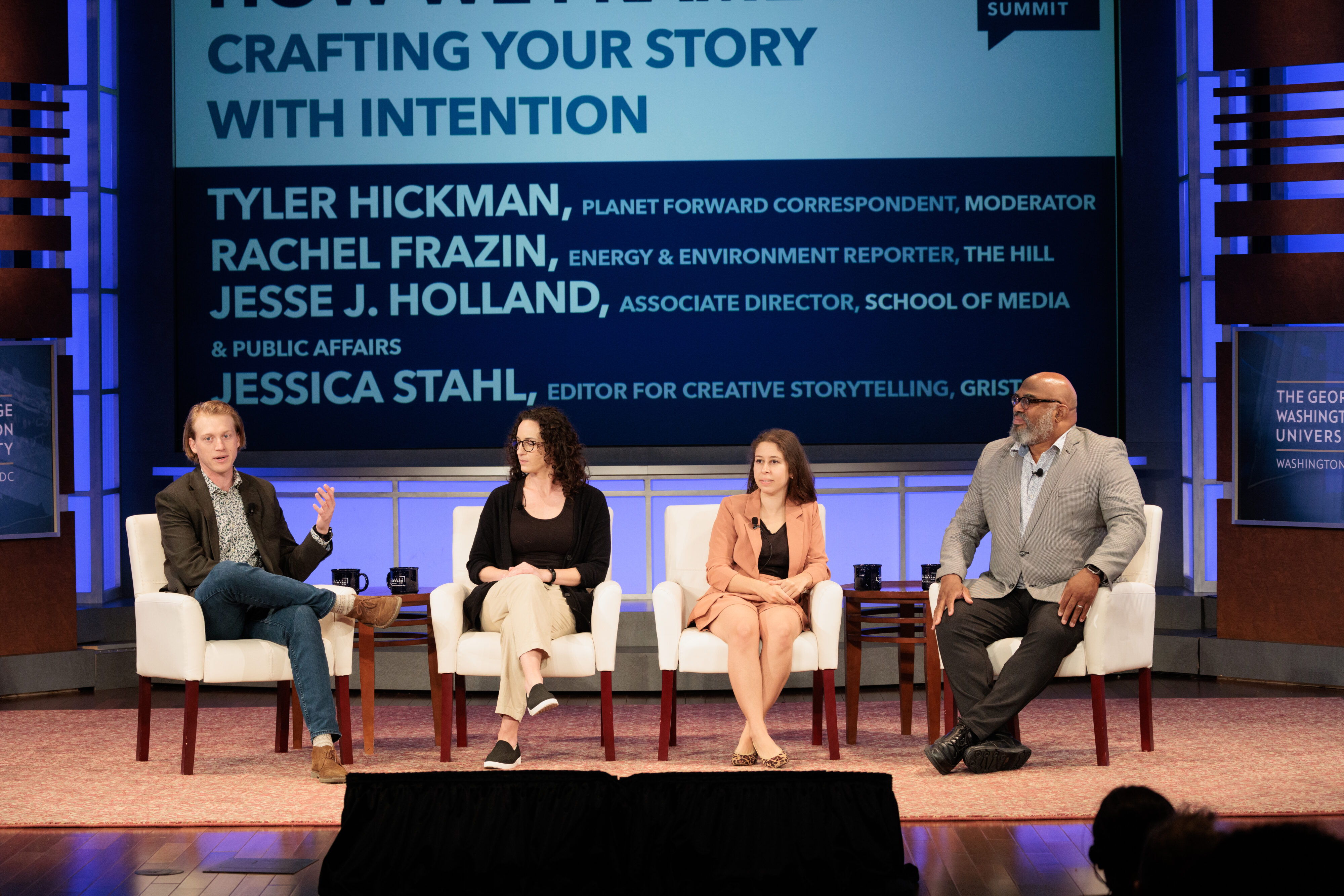 From left: Tyler Hickman, University of Colorado Boulder; Jessica Stahl, Editor for Creative Storytelling, Grist; Rachel Frazin, Energy & Environment Reporter, The Hill; and Jesse J. Holland, Associate Director SMPA; discuss the future of environmental journalism. 