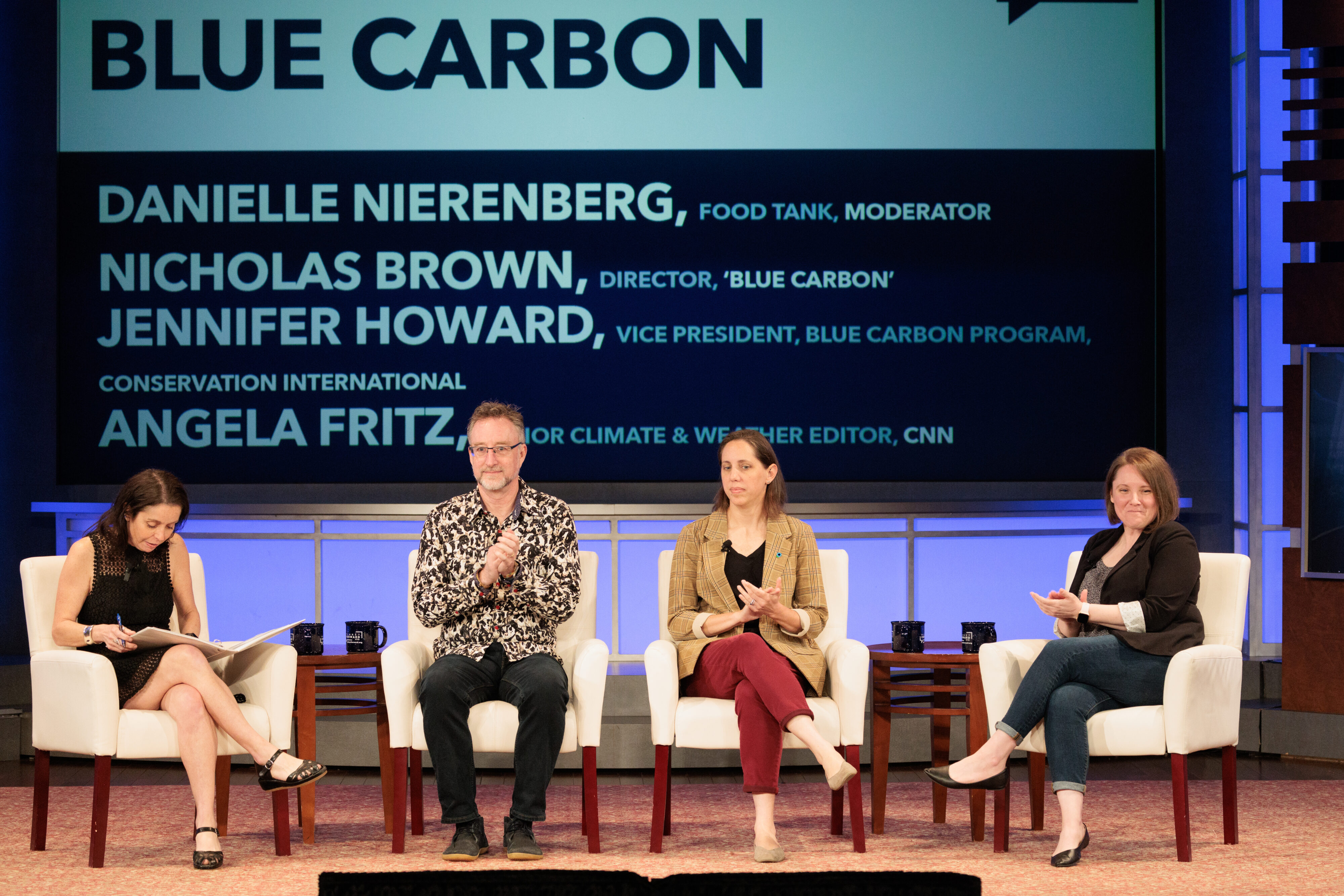 From left: Danielle Nierenberg, Food Tank; Nicholas Brown, Director Blue Carbon; Jennifer Howard, Vice President, Blue Carbon Program, Conservation International; and Angela Fritz, Senior Climate and Weather Editor, CNN; discuss the CNN documentary, Blue Carbon.
