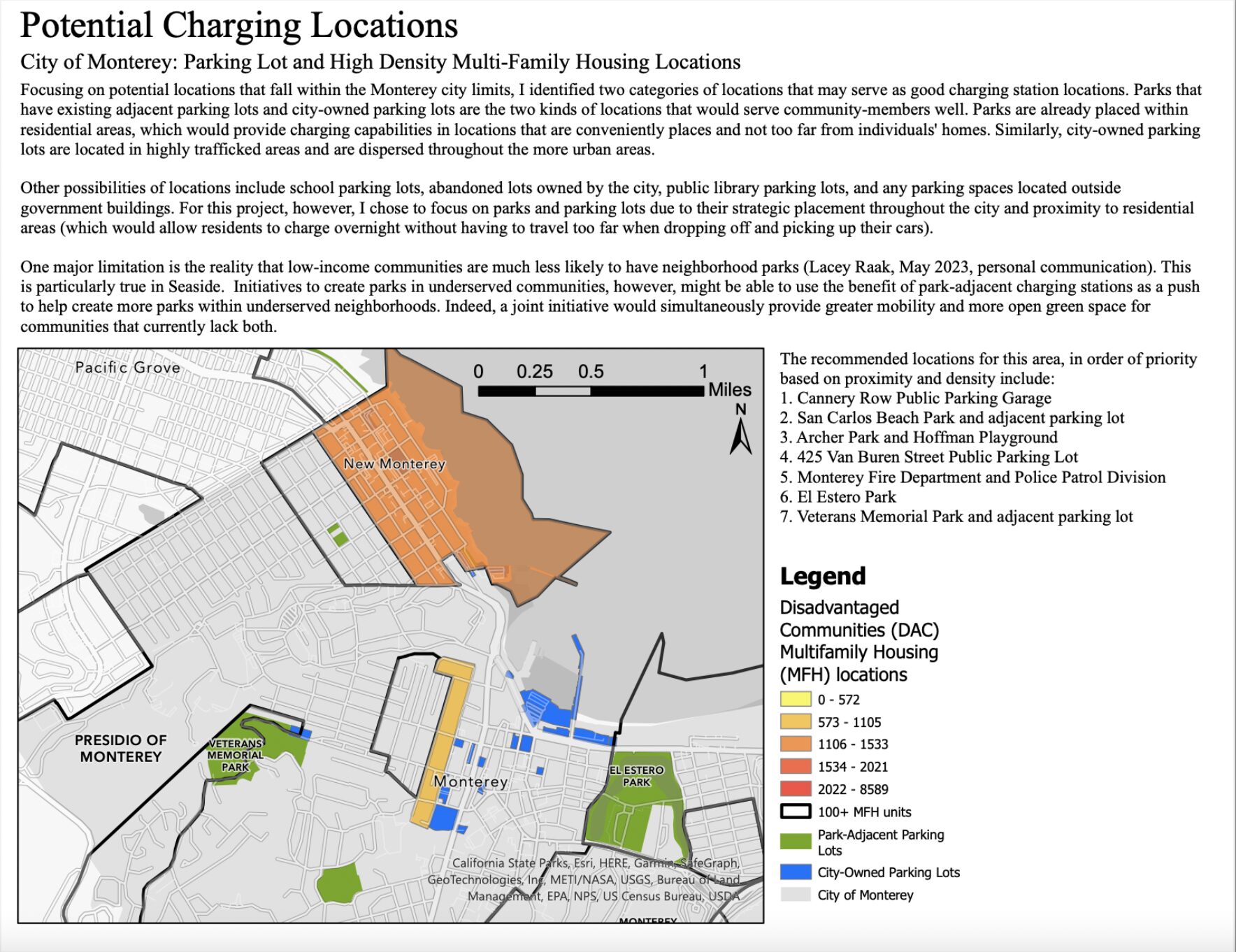 A map showing potential EV charging locations in Monterey, California.