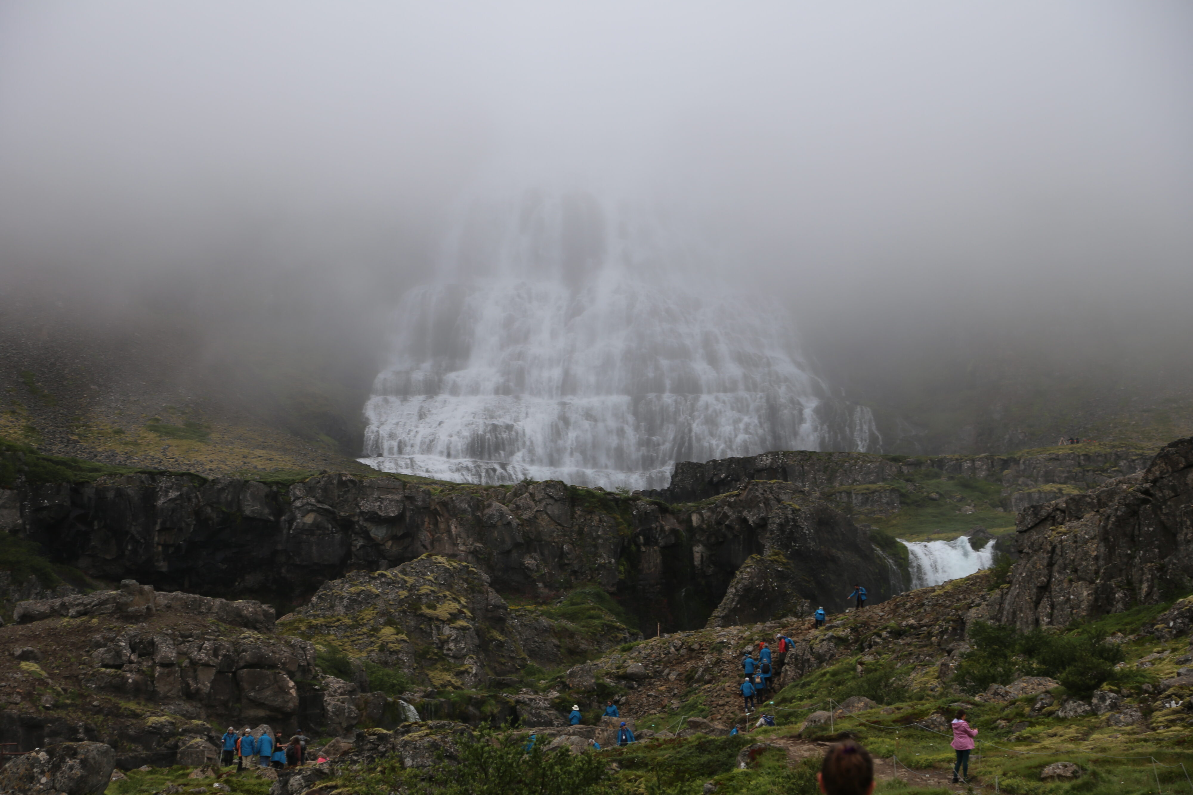 The Dynjandi waterfall shrouded in fog. 