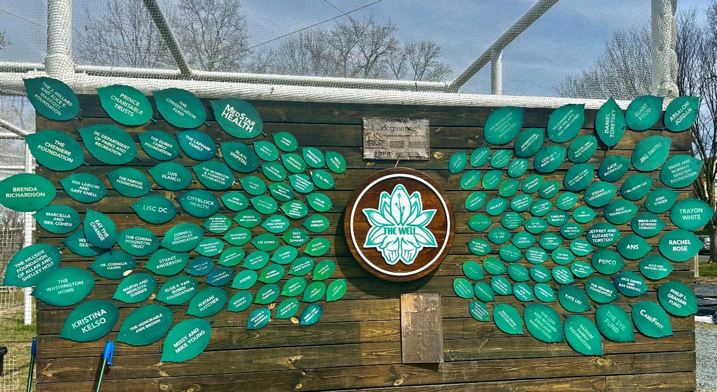 A wooden wall with paper leaves stapled to the wall. On the leaves are the names of people and businesses that've donated to The Well. In the center of the wall is the logo of The Well.