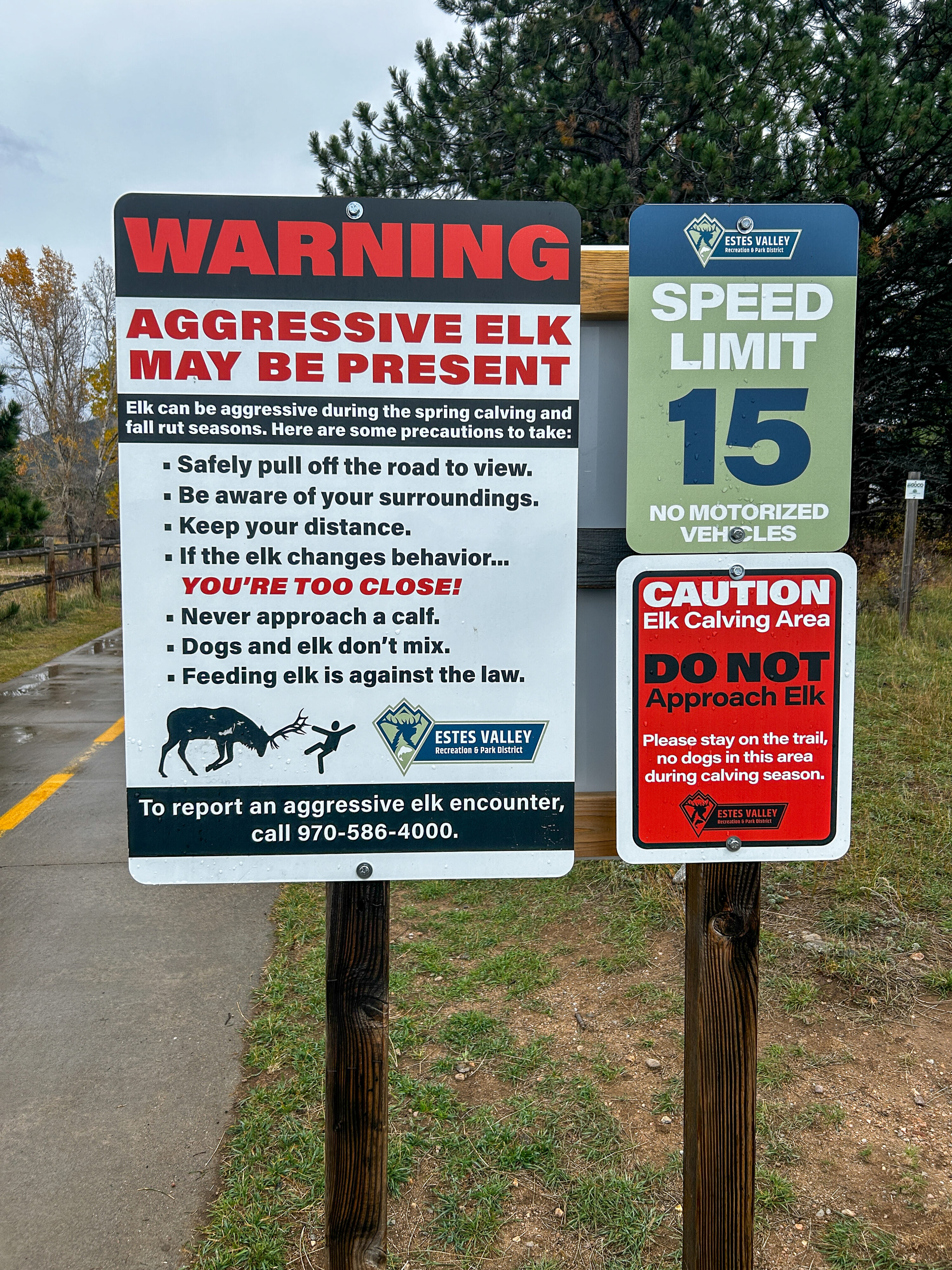 Three signs warning about aggressive ellk.