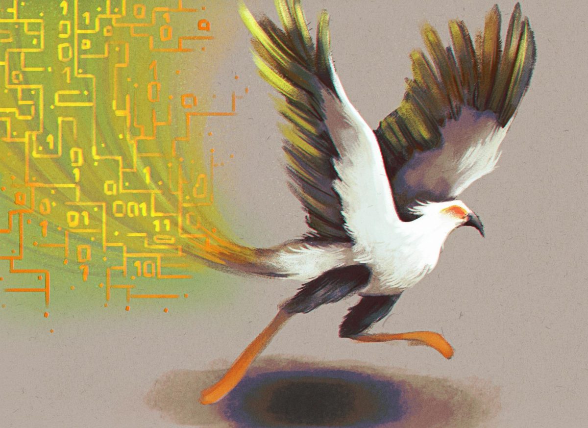 Illustration of a bird emerging from data.