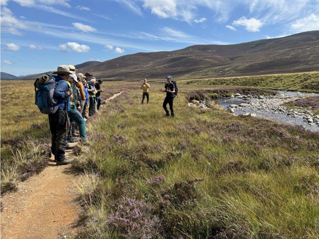 A person speaking to a group near a mountain.