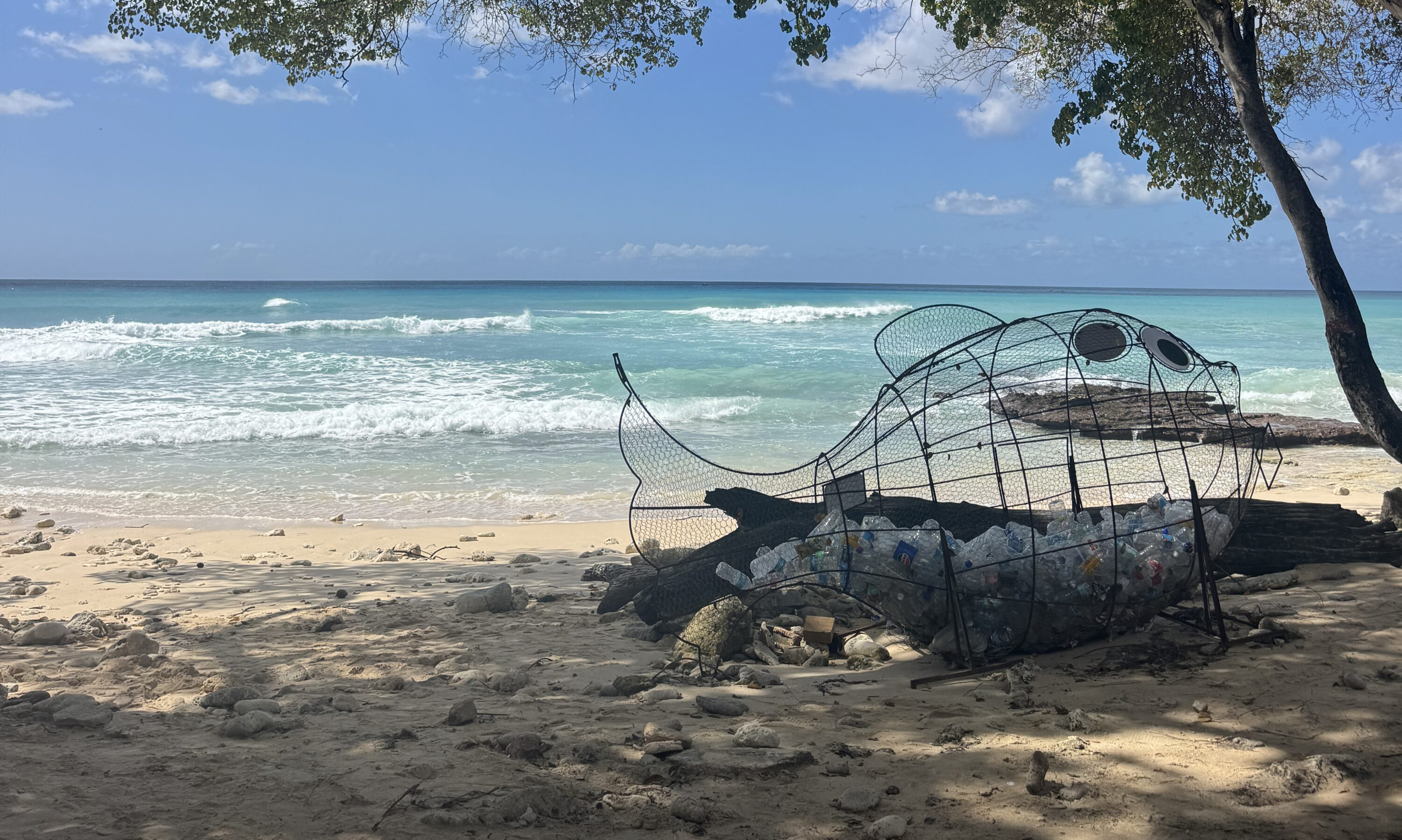 A tropical view of a sunny beach with turquoise waters beneath deep blue skies. In the foreground a wire fish sculpture holds plastic trash in the shade of the shore.