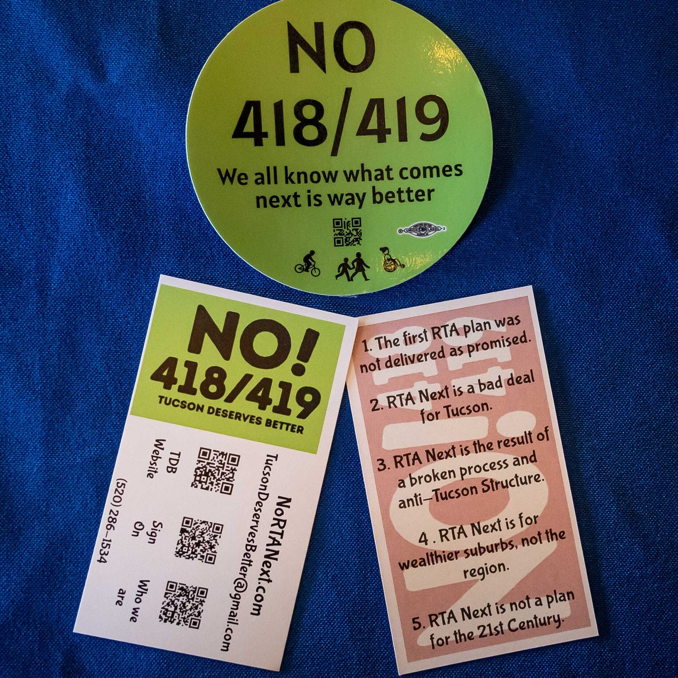 Campaign materials arguing against RTA Next.